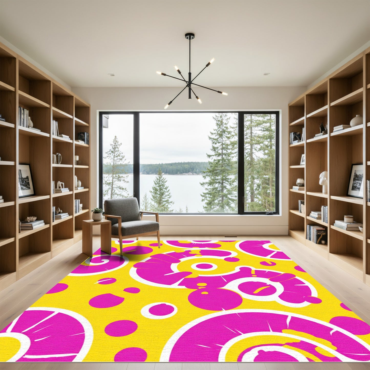 Vibrant Yellow Pink Swirl Sunburst Rug