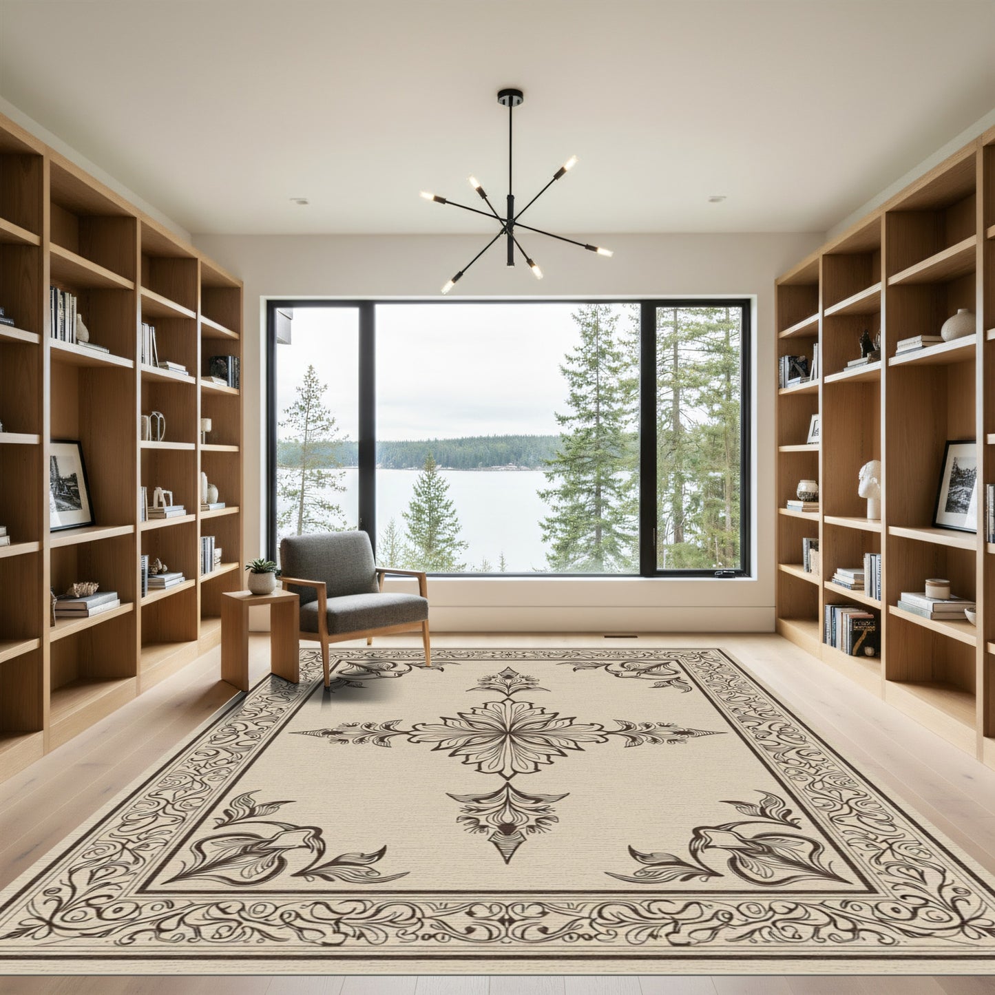 Ornate Beige Floral Medallion Border Rug