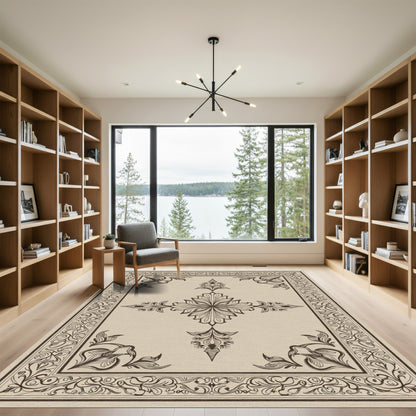 Ornate Beige Floral Medallion Border Rug