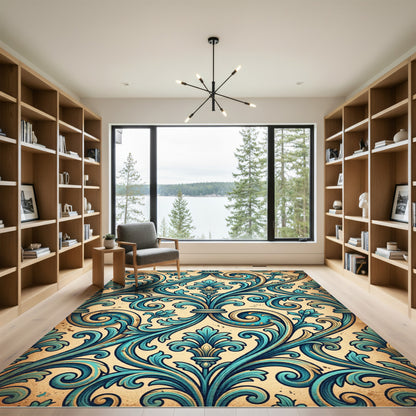 Aqua Gold Vintage Scrollwork Accents Rug