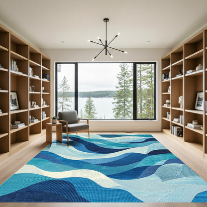 Navy Teal Fluid Waves Rug