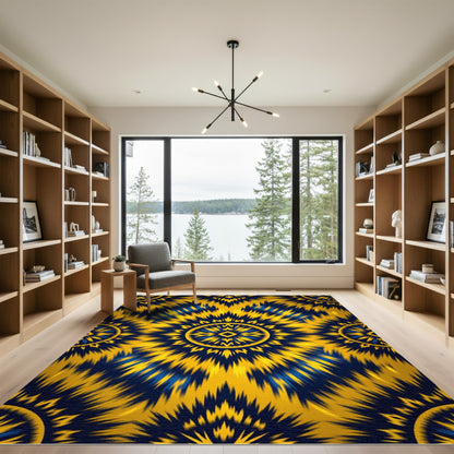 Golden Blue Radial Sunburst Rug