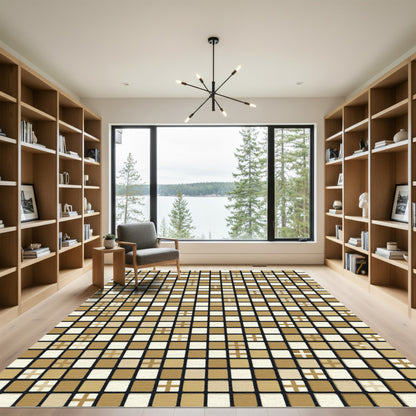 Golden Plaid Square Geometric Composition Rug