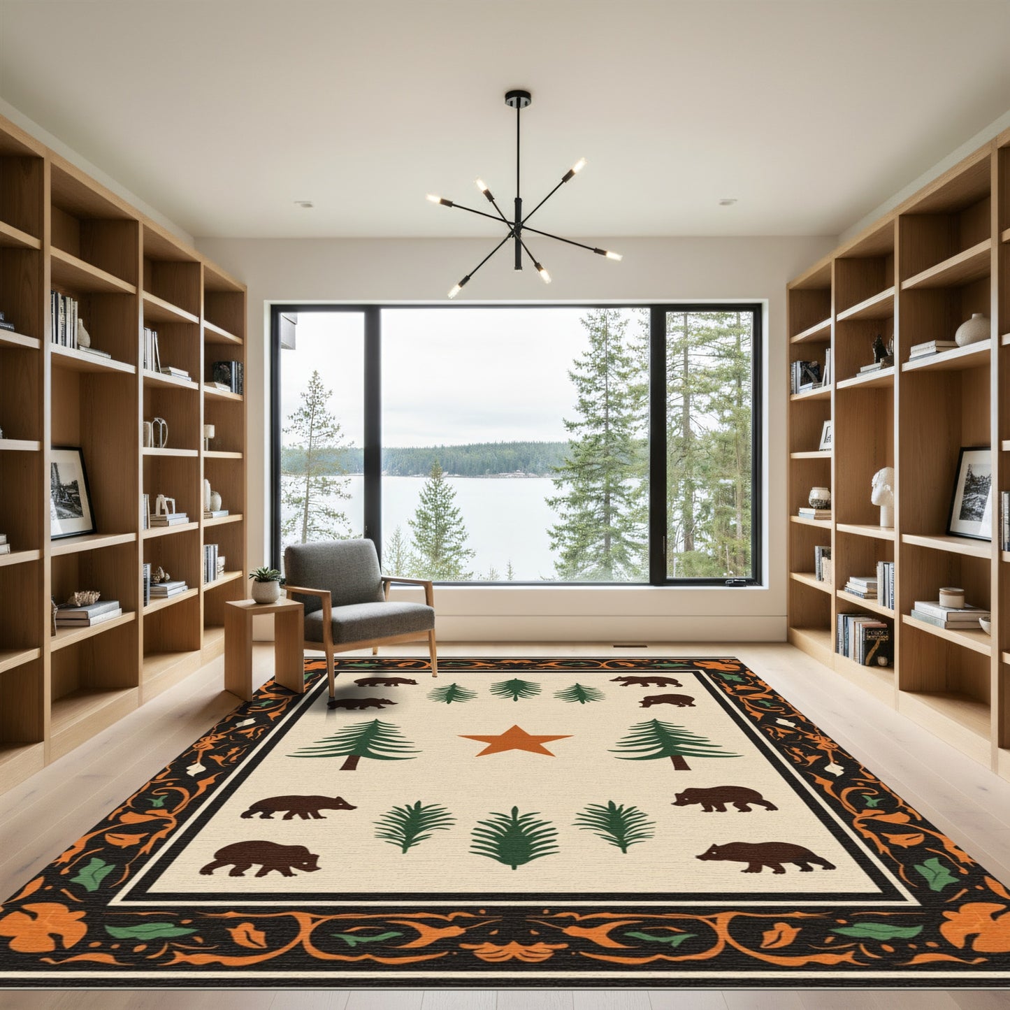 Rustic Bear Forest Star Border Rug