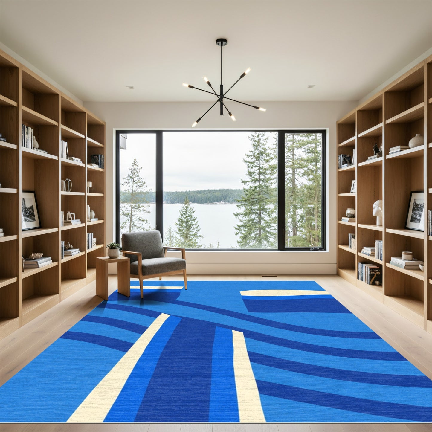 Modern Blue Cream Abstract Wave Rug