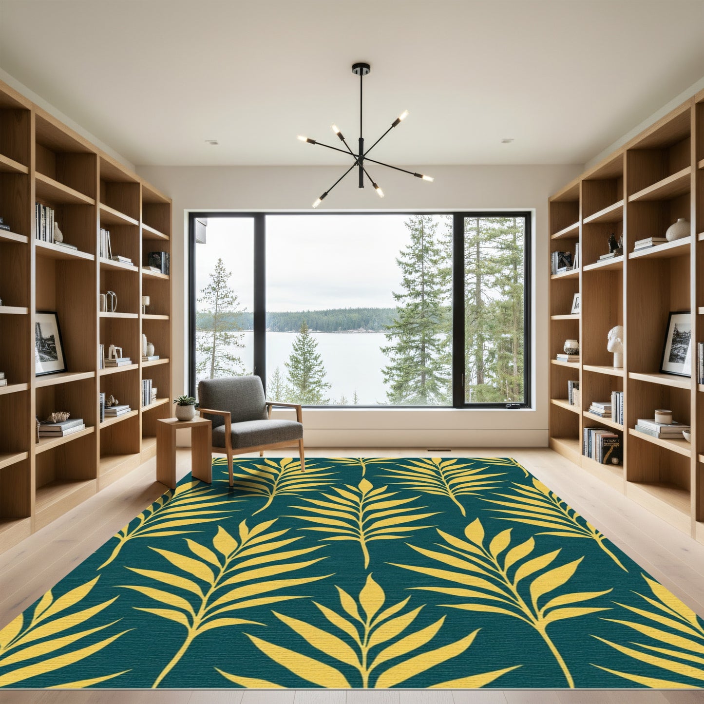 Golden Palm Frond Teal Rug
