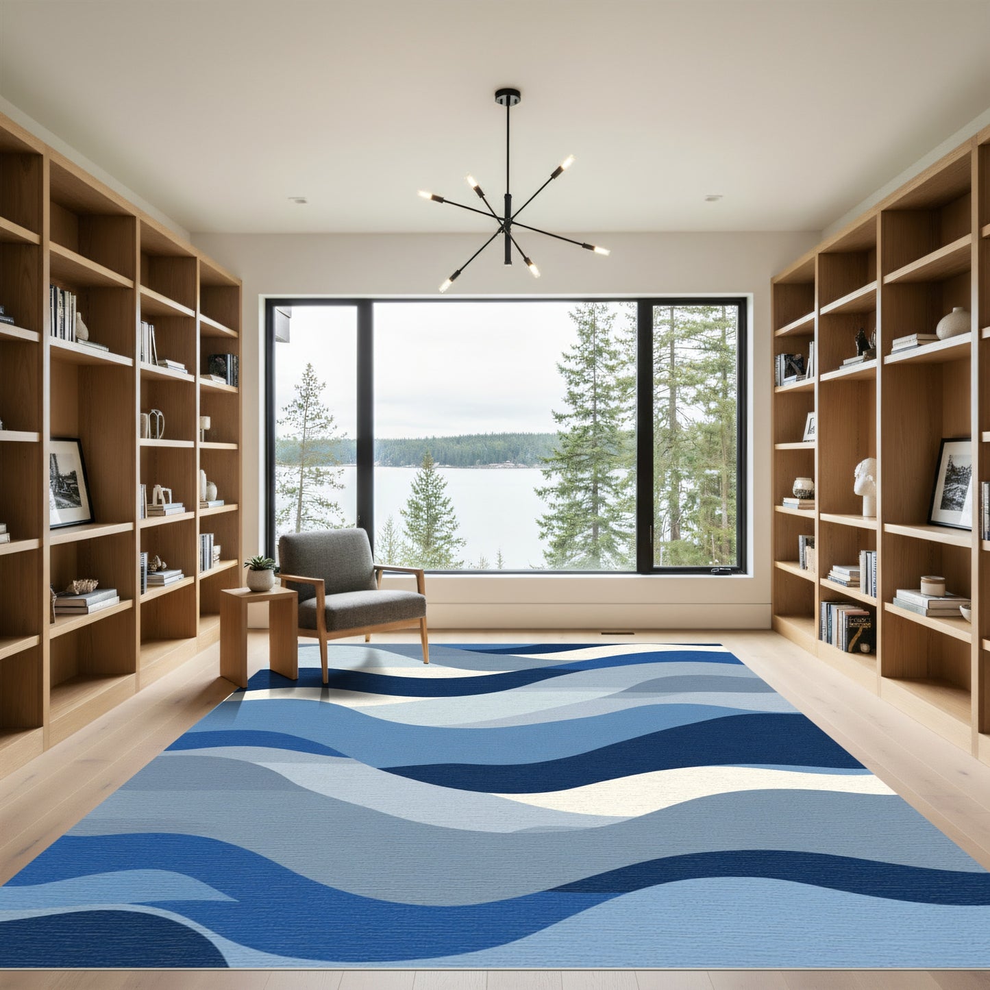 Abstract Blue Wave Layered Landscape Rug