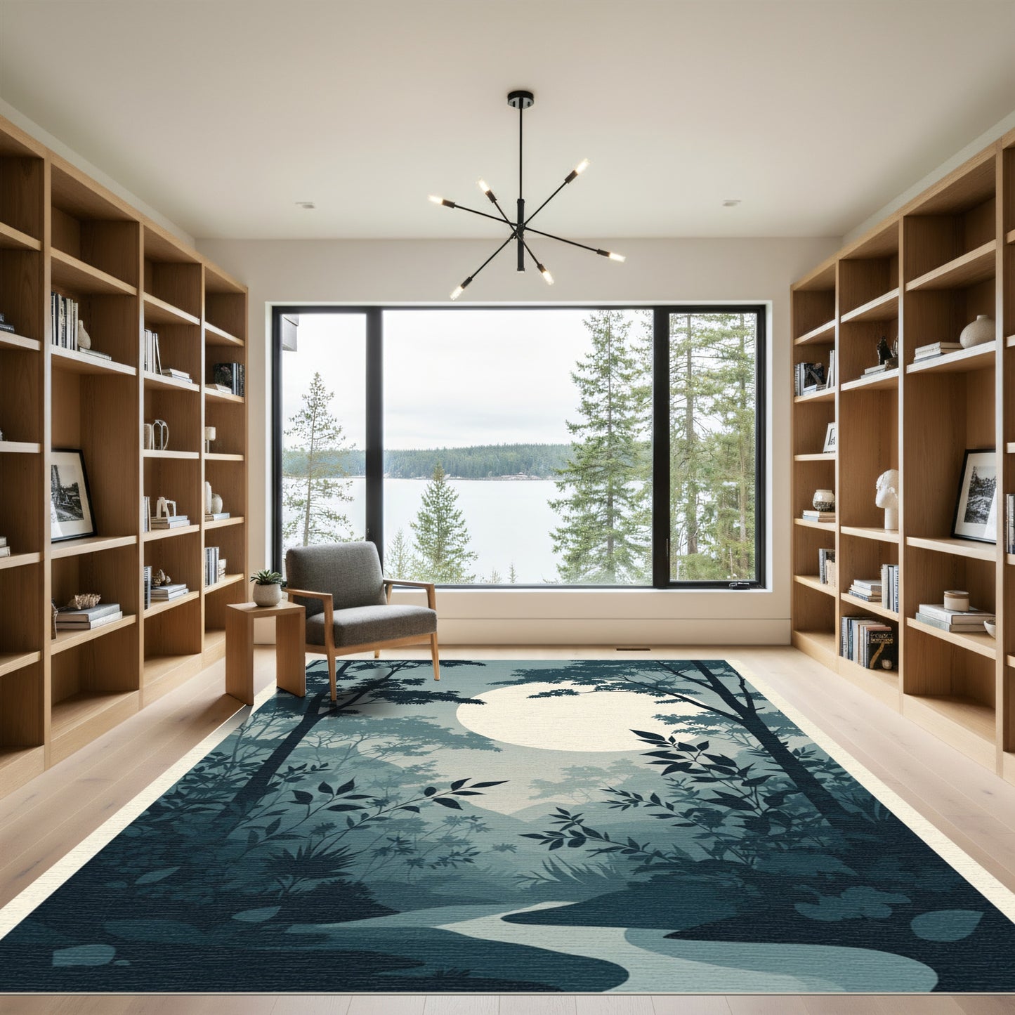 Misty Blue Forest Moonlit River Scene Rug