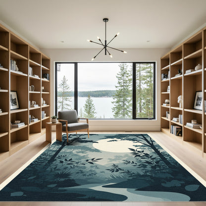 Misty Blue Forest Moonlit River Scene Rug