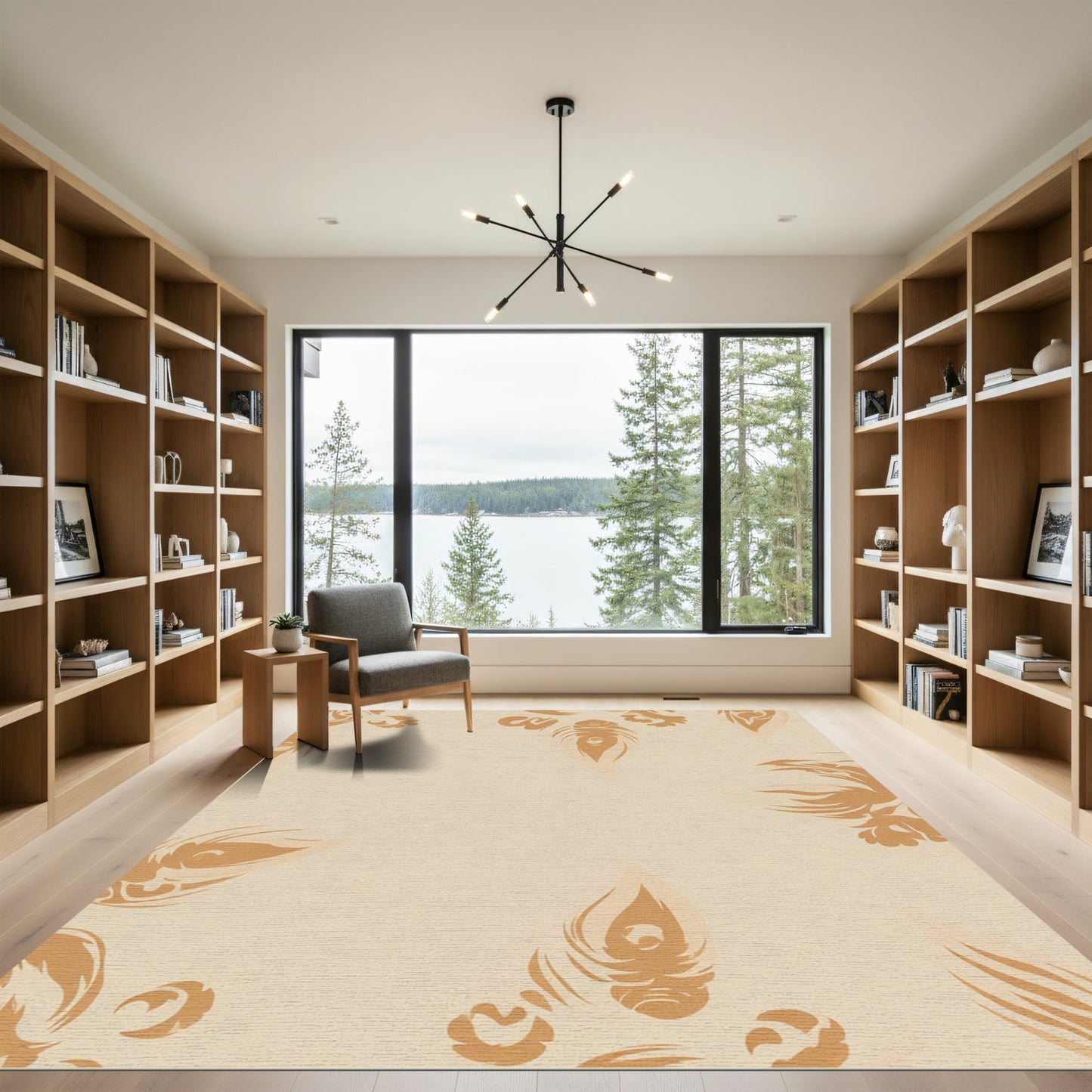 Golden Peacock Feather Swirl Rug