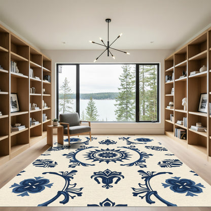 Indigo Floral Medallion Scrollwork Rug