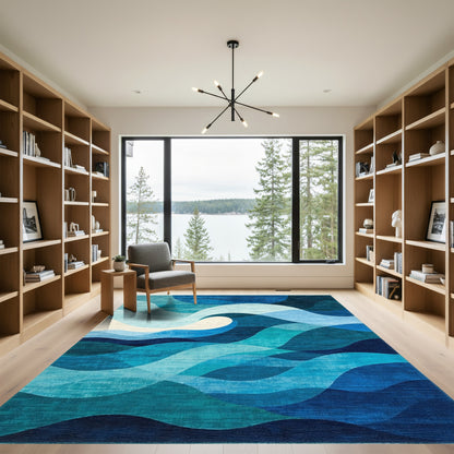 Teal Blue Layered Waves Rug