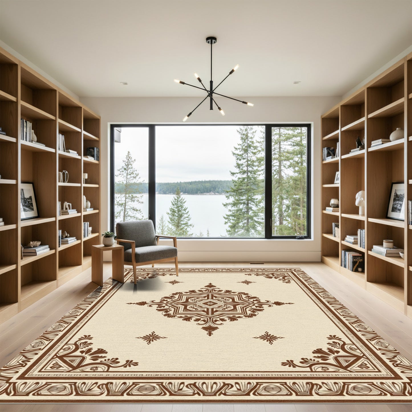 Brown Faded Floral Medallion Border Rug
