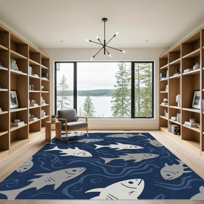 Gray Fish School In Deep Blue Waves Rug