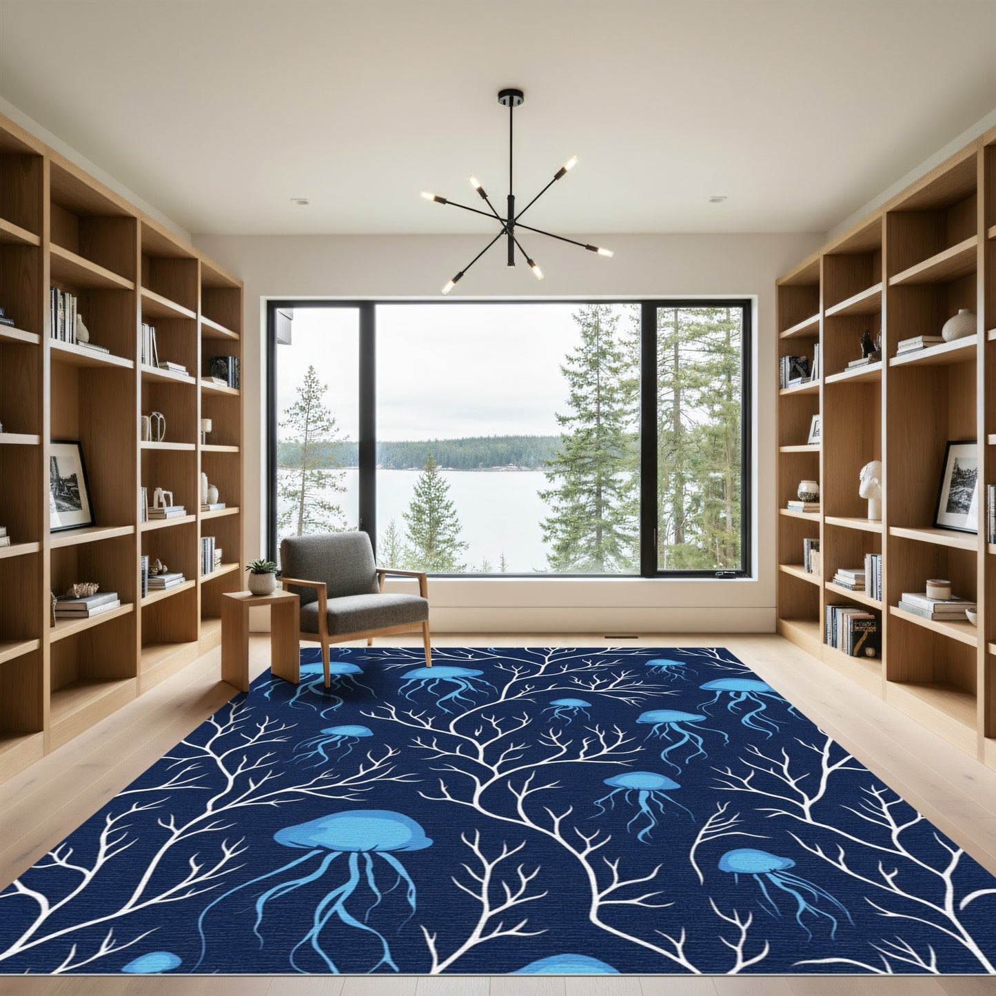 Oceanic Blue Jellyfish Coral Reef Rug