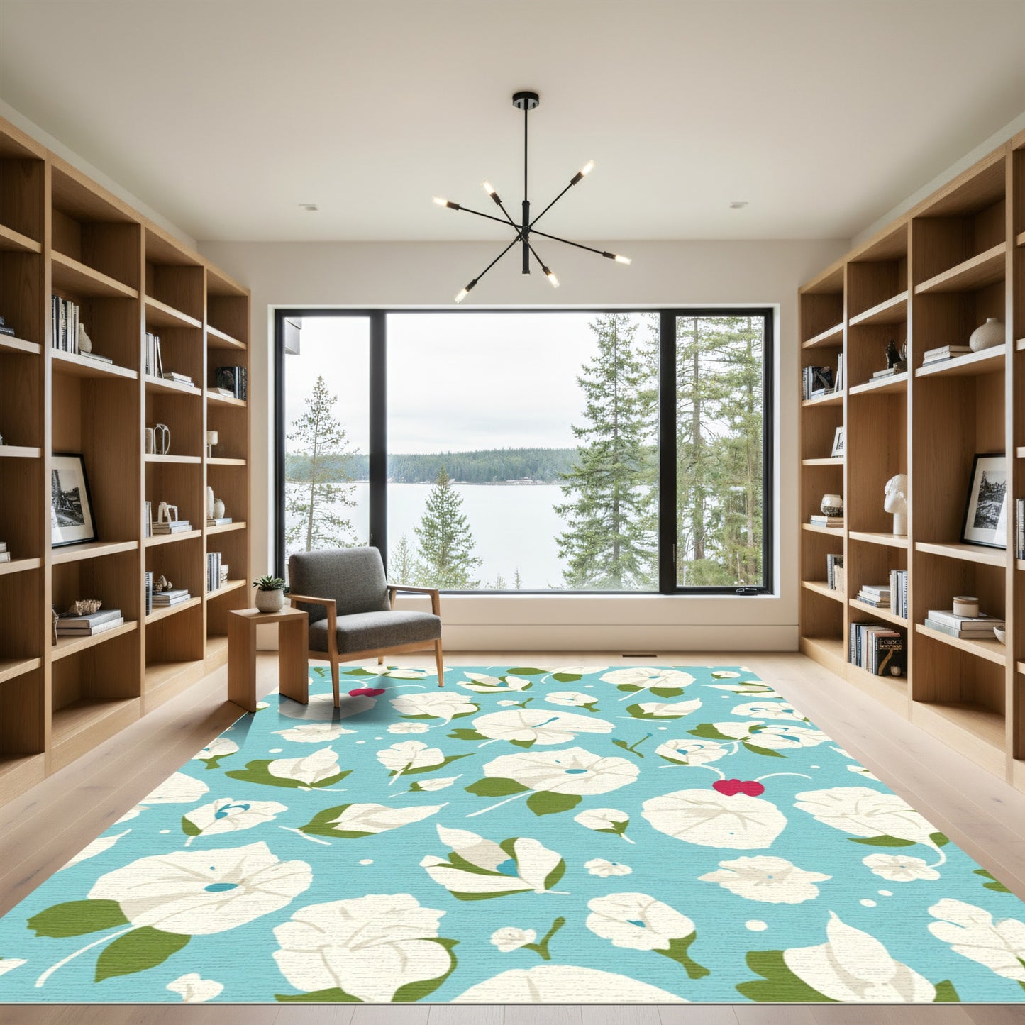 Aqua Blue White Floral Vine Rug