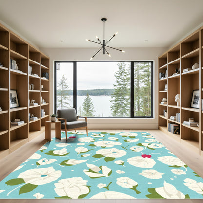 Aqua Blue White Floral Vine Rug