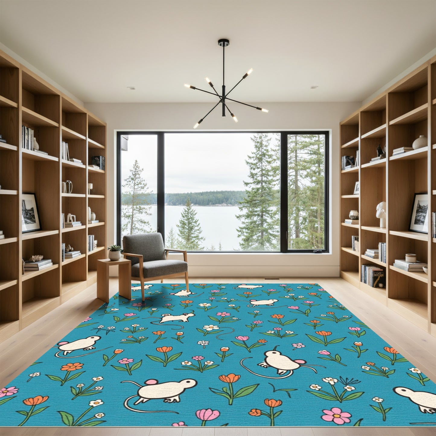 Whimsical Mice Floral Garden Teal Rug