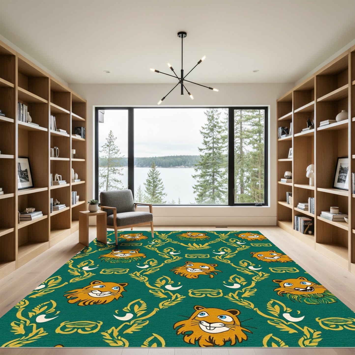 Playful Orange Feline Emerald Vines Rug