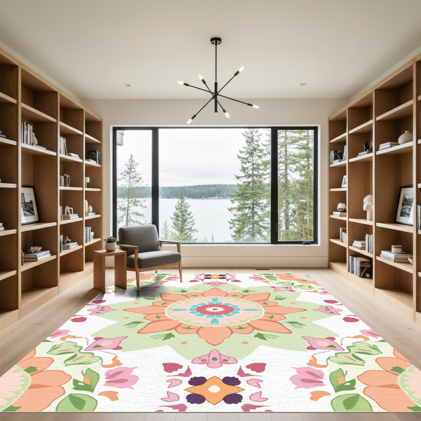 Coral Pink Green Floral Mandala Rug