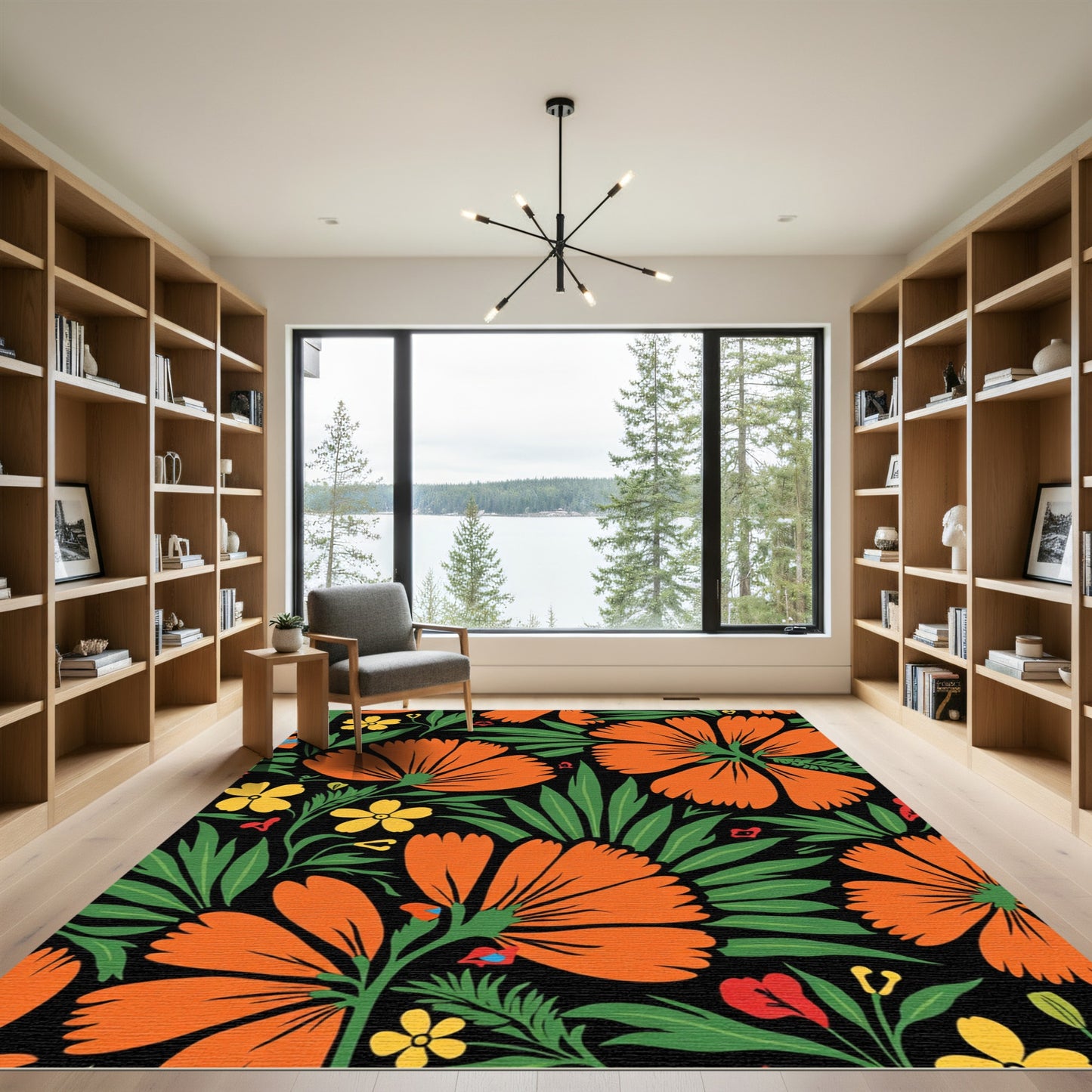 Bold Orange Floral Botanical Art Rug