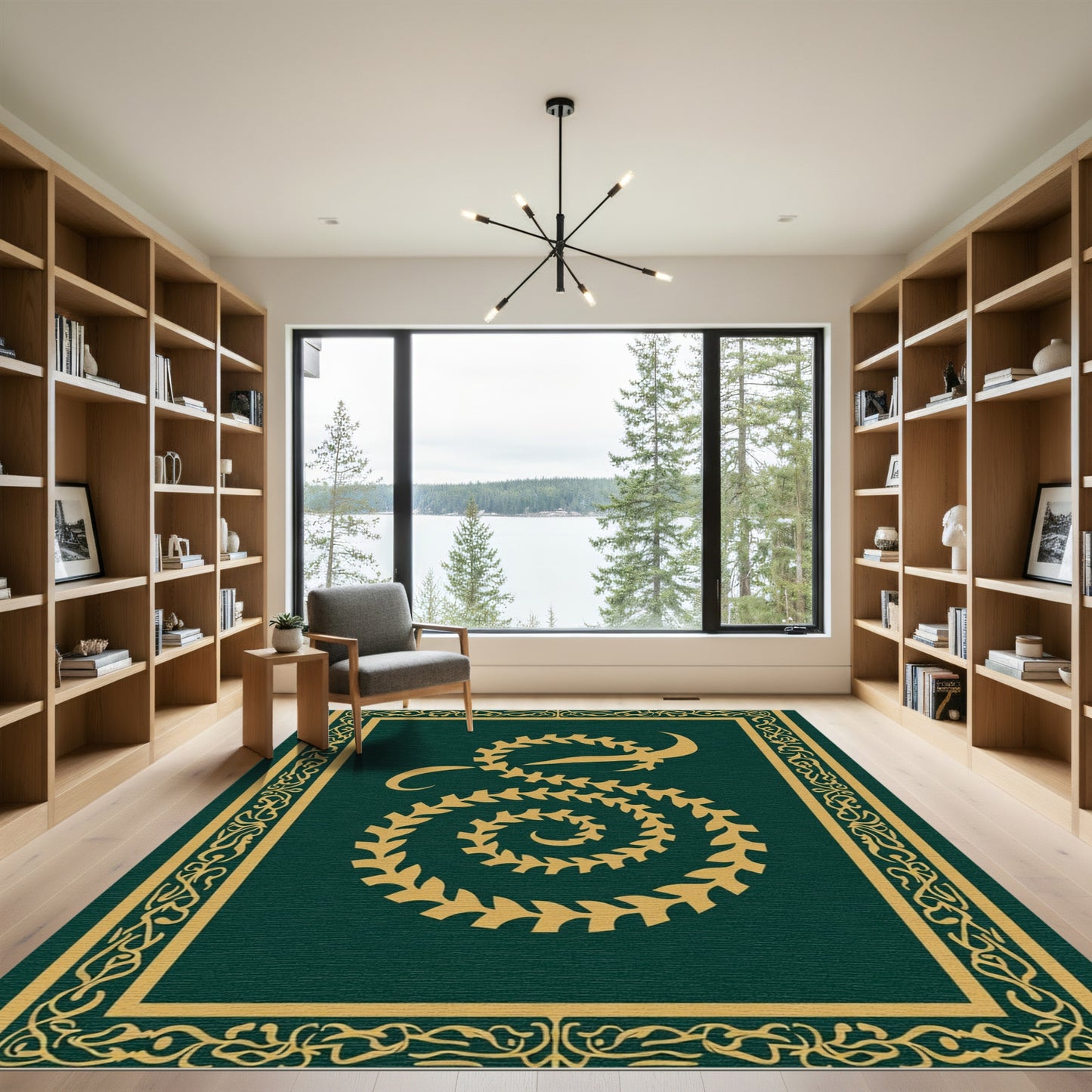 Deep Emerald Golden Swirl Scrollwork Rug