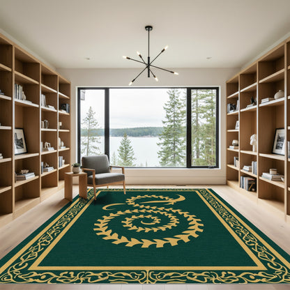 Deep Emerald Golden Swirl Scrollwork Rug