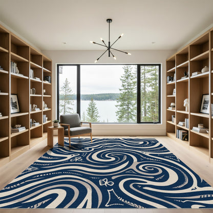 Cream Navy Swirl Tribal Abstract Rug