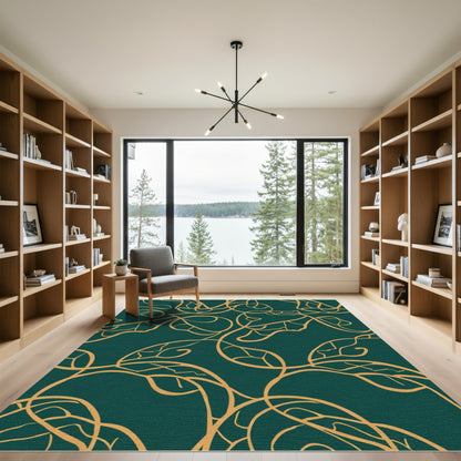 Emerald Gold Leaf Swirl Pattern Rug