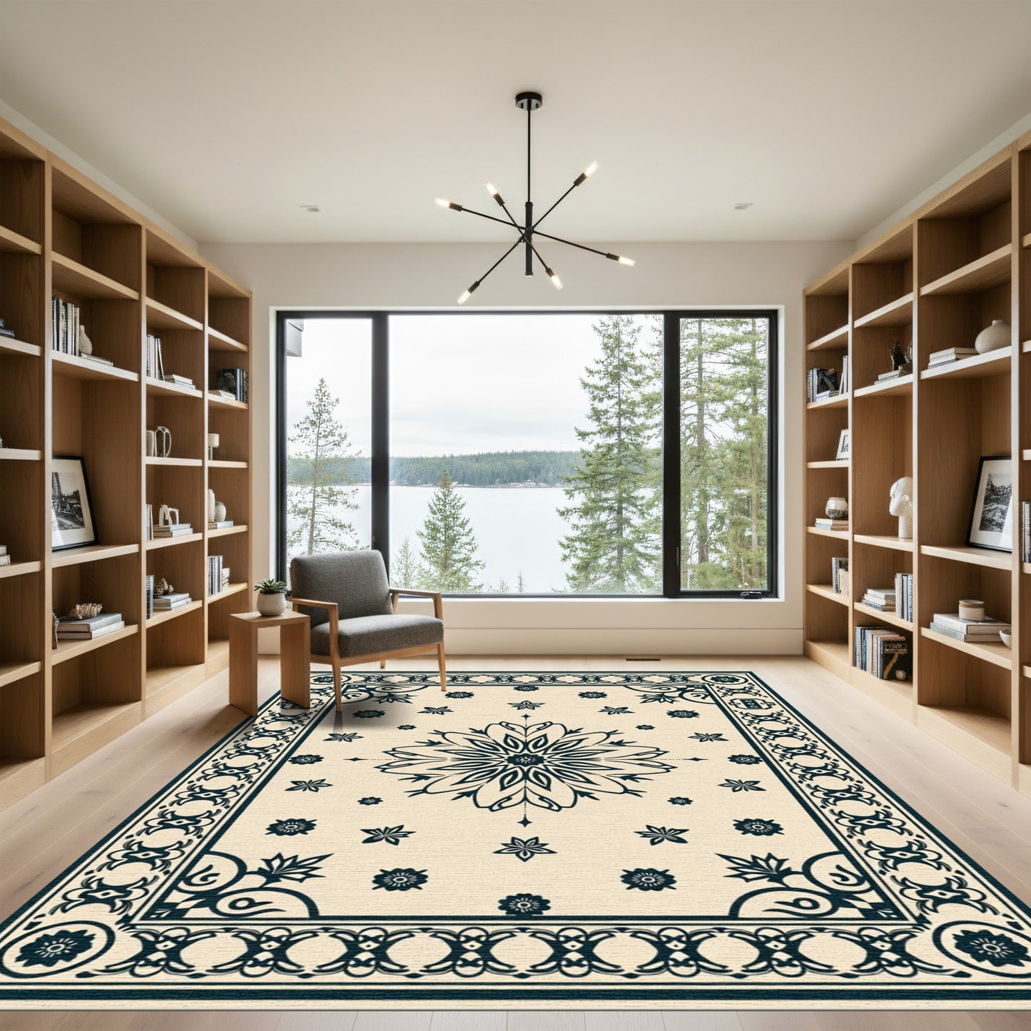Cream Dark Blue Floral Medallion Border Rug