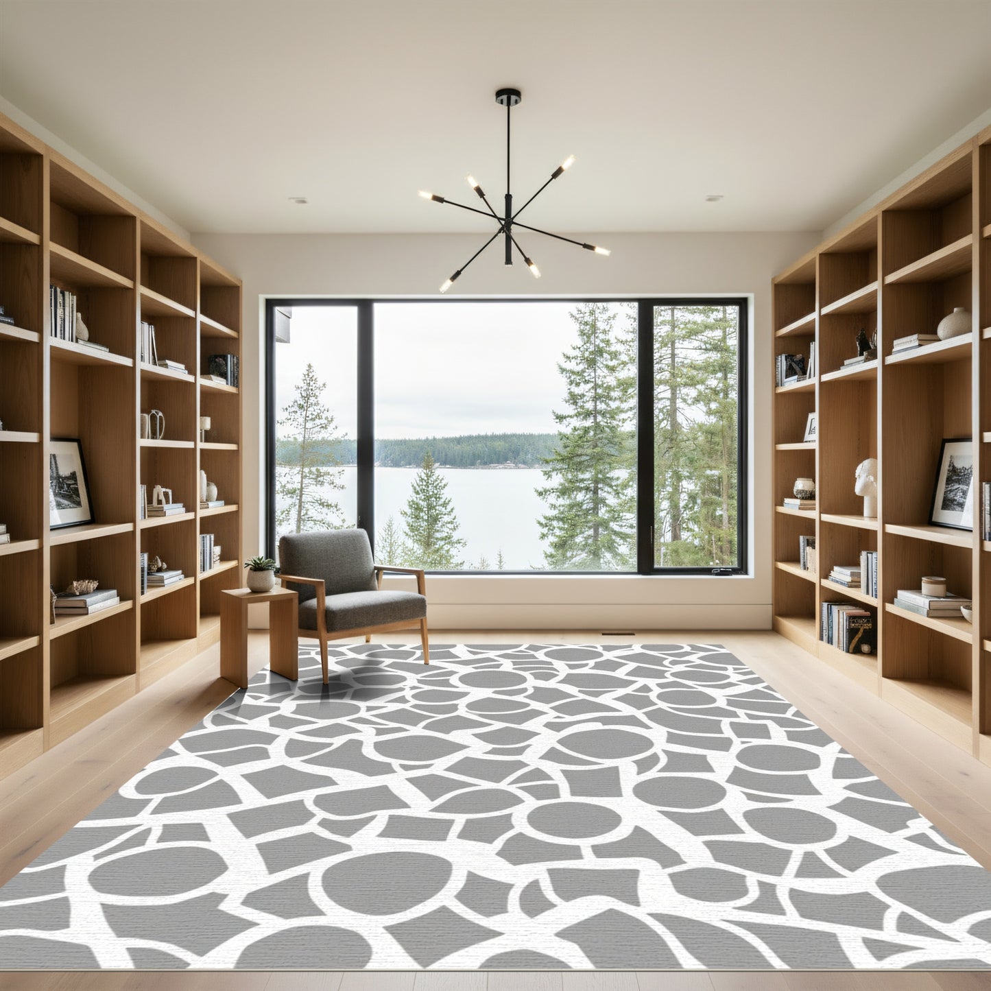 Grey White Organic Curving Network Rug