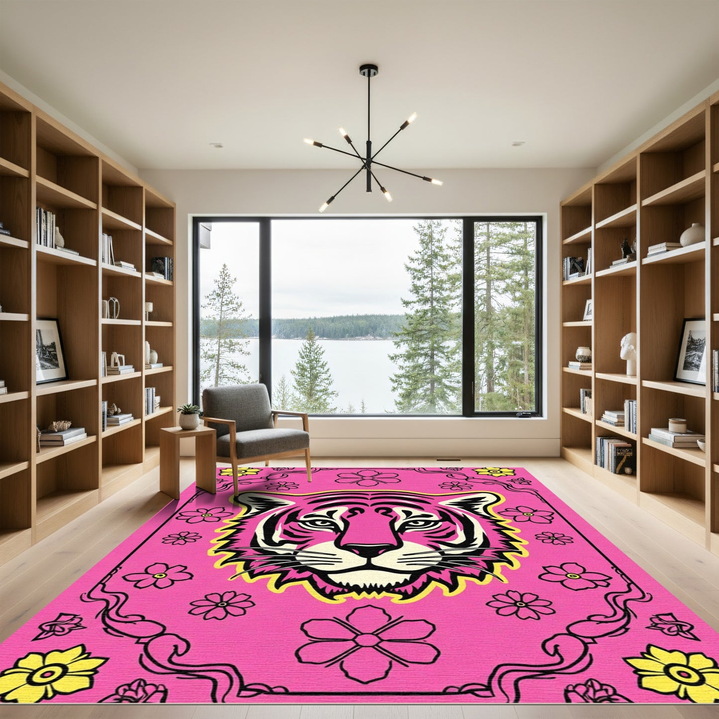 Vibrant Pink Tiger Floral Border Rug