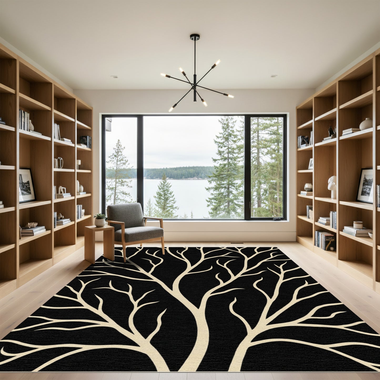 Cream Tree Branch Black Composition Rug