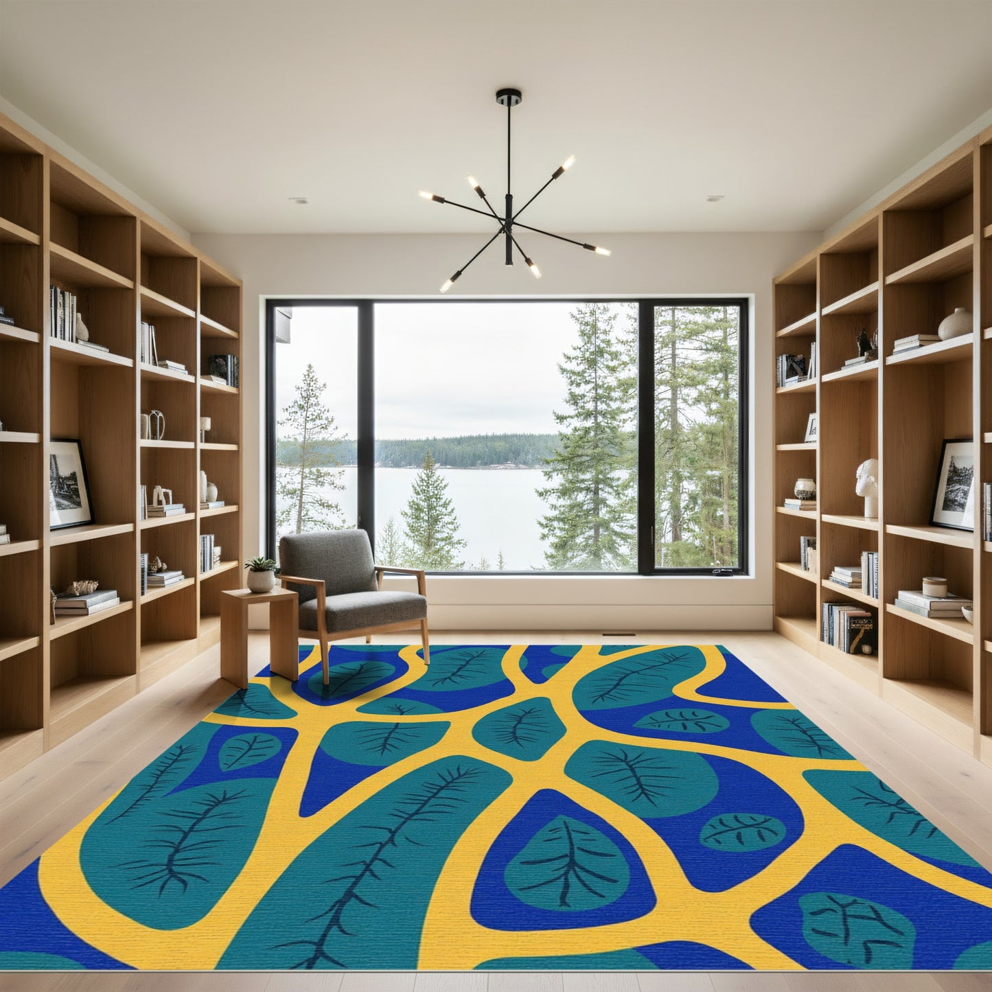 Blue Yellow Leafy Vine Abstract Rug