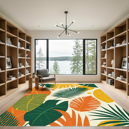 Tropical Leaf Medley Orange Yellow Green Rug