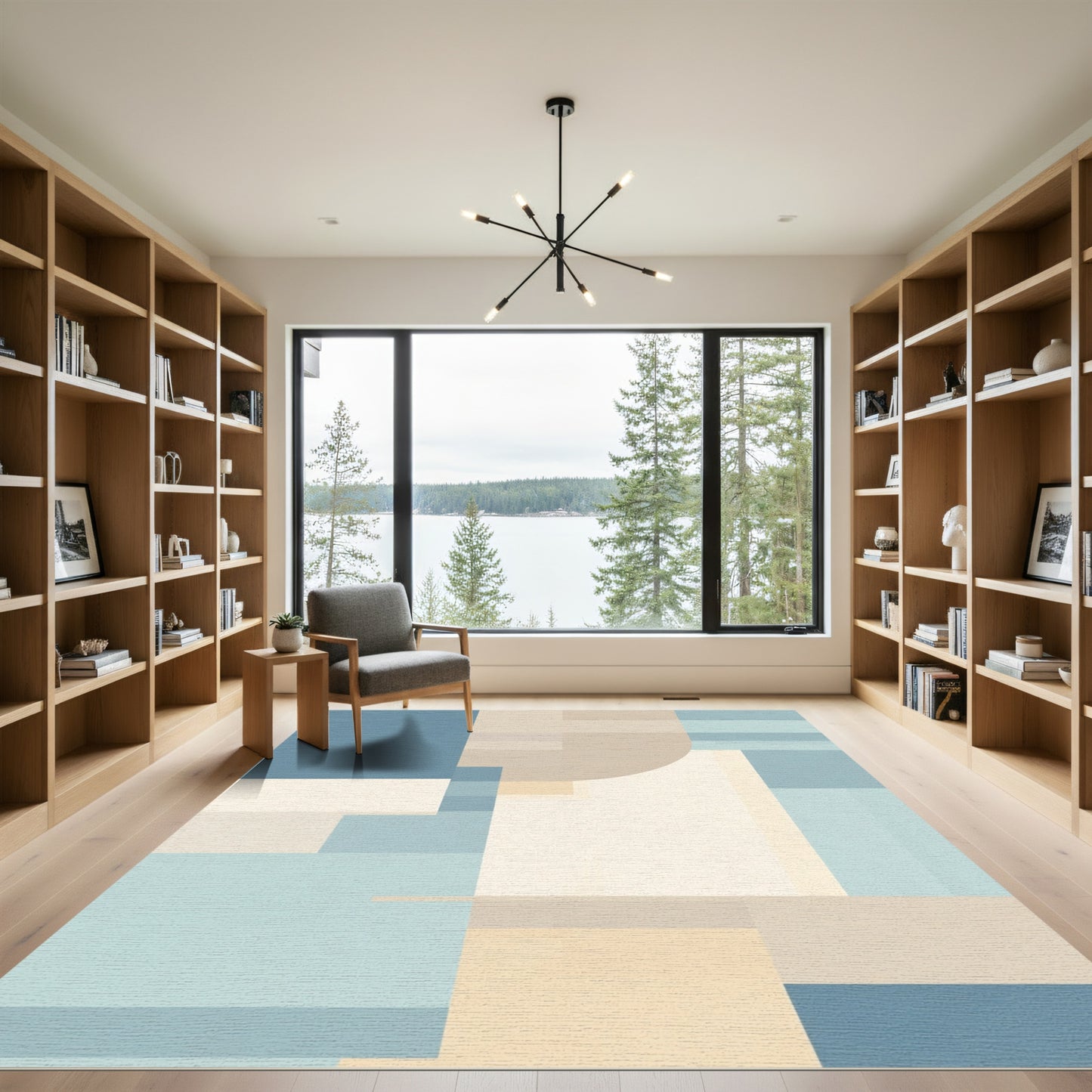 Modern Blue Tan Geometric Composition Rug