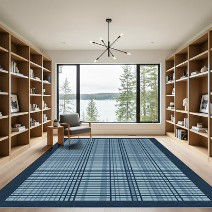 Calm Navy Blue Plaid Check Rug