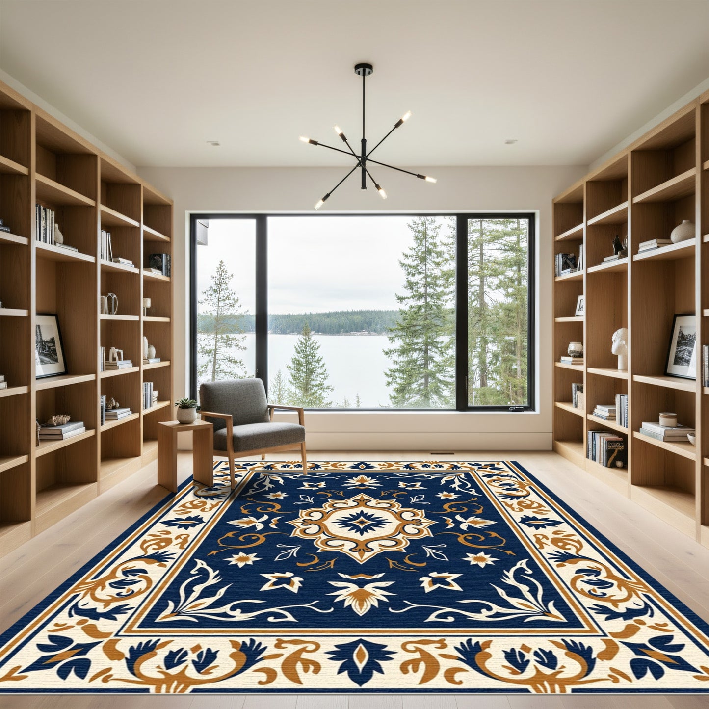 Deep Blue White Gold Medallion Floral Rug