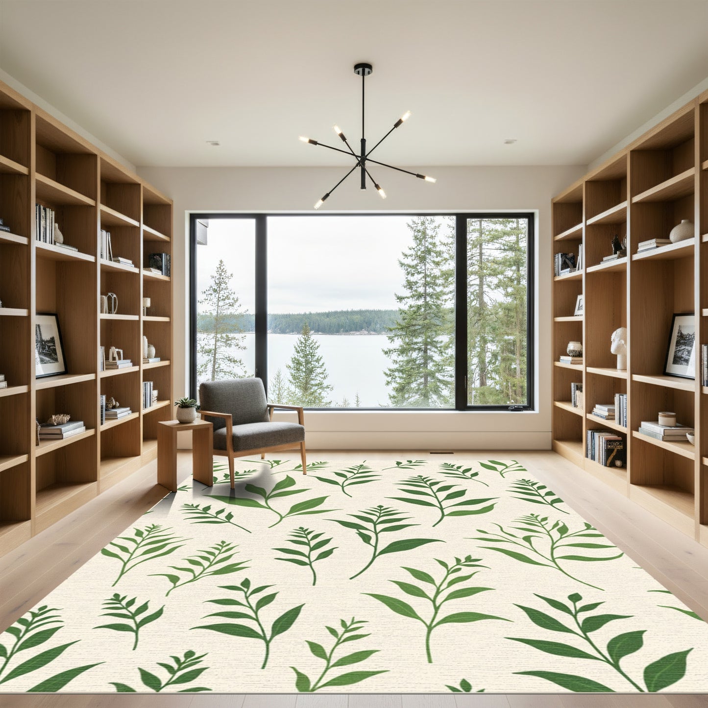 Green Leafy Branches Botanical Pattern Rug