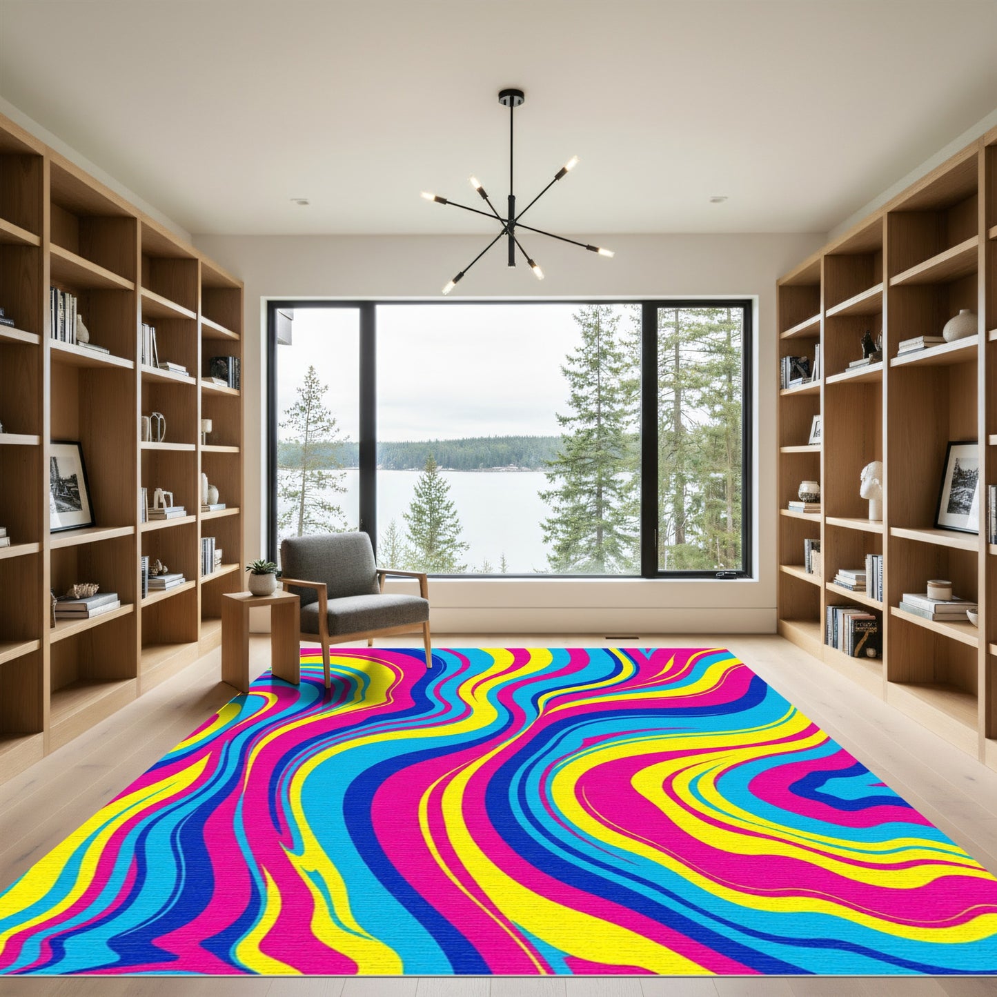 Vibrant Swirling Pink Blue Yellow Waves Rug