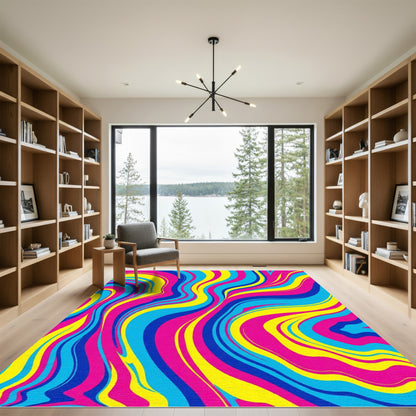 Vibrant Swirling Pink Blue Yellow Waves Rug