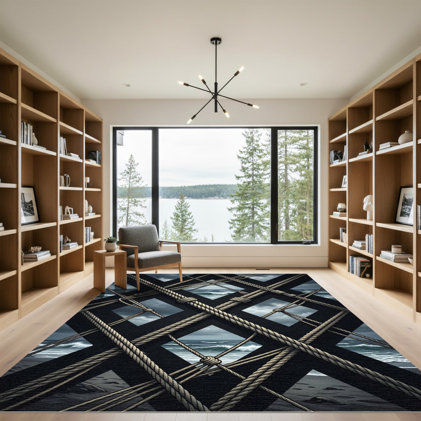Nautical Black Diagonal Rope Net Rug
