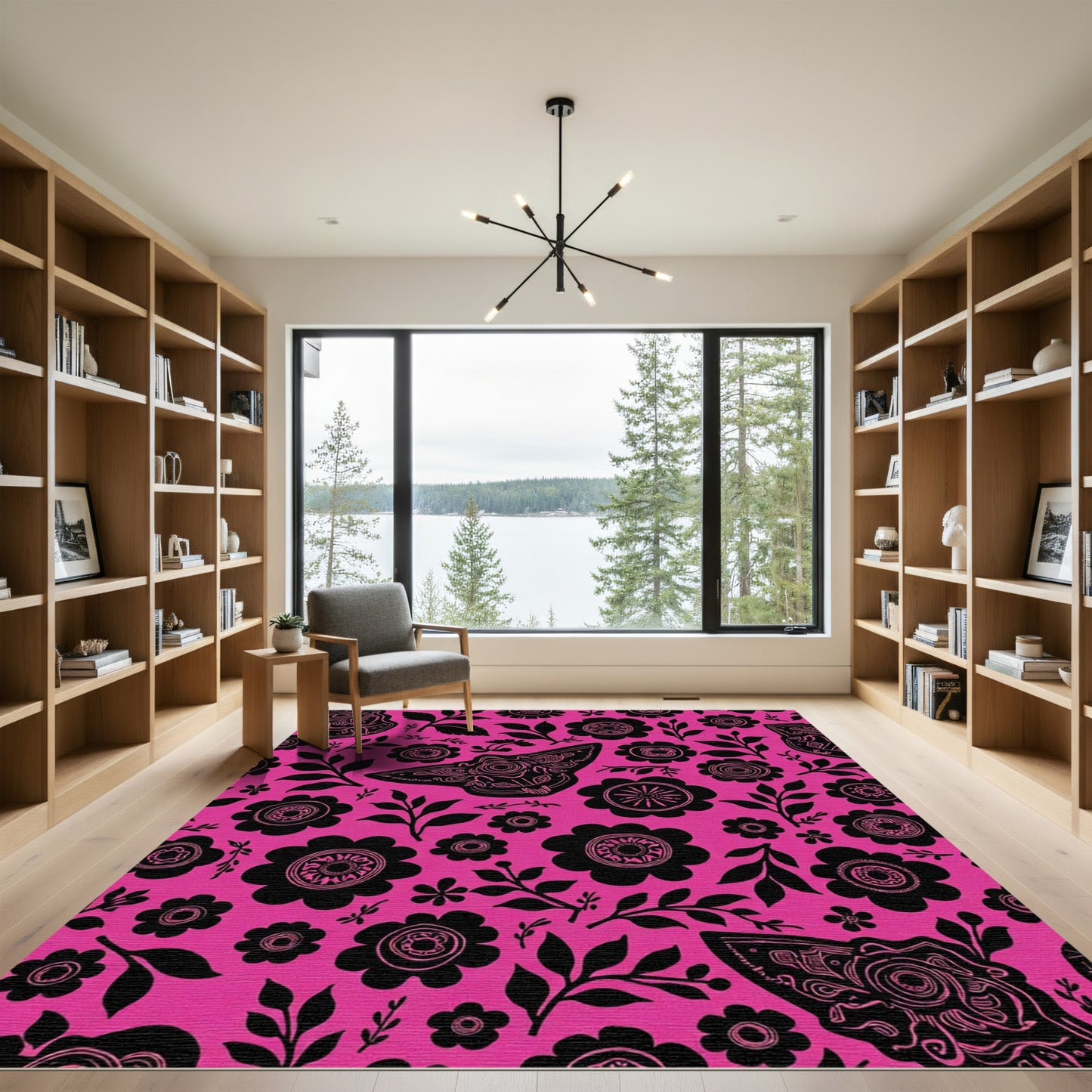 Hot Pink Black Moth Floral Meadow Rug