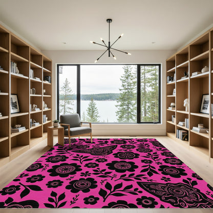 Hot Pink Black Moth Floral Meadow Rug