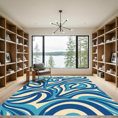 Flowing Blue Cream Abstract Swirls Rug