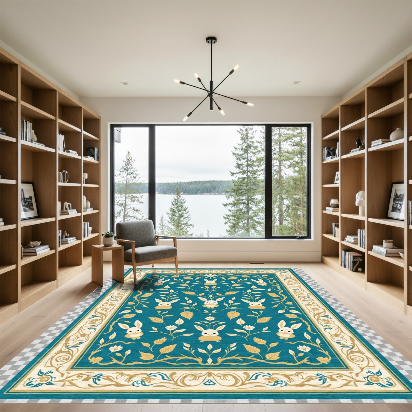 Teal Golden Bunny Floral Border Rug