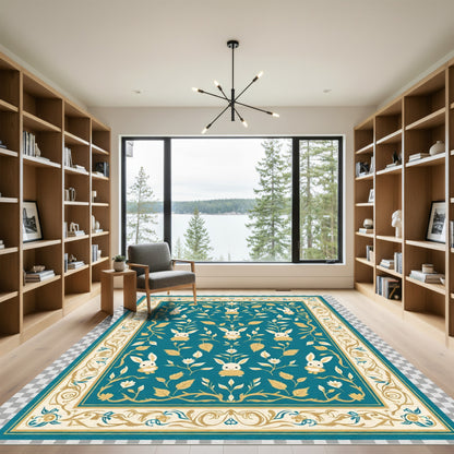 Teal Golden Bunny Floral Border Rug