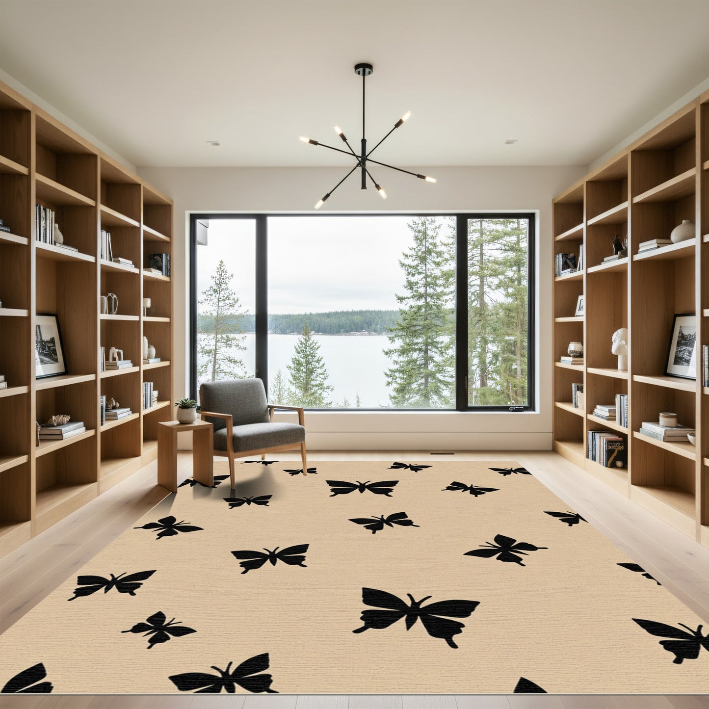 Black Butterfly Pattern On Beige Rug