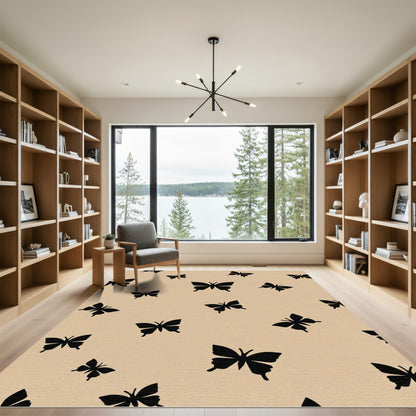 Black Butterfly Pattern On Beige Rug