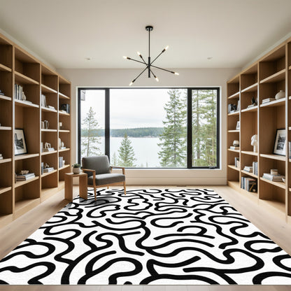 Black White Abstract Organic Lines Rug